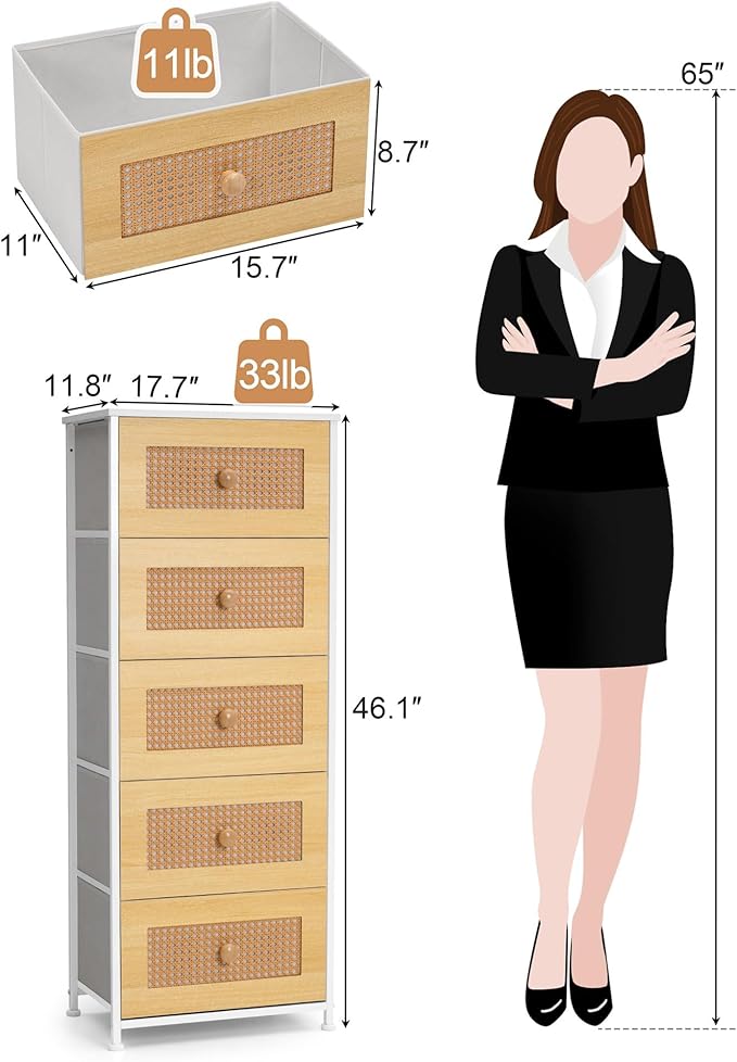 Crestlive Products Rattan Dresser, Tall Fabric Storage Tower, Chests of Drawers with Handles - Organizer Unit for Bedroom, Hallway, Entryway, Closets - 5 Drawers (Natural Drawers, White Top & Frame)