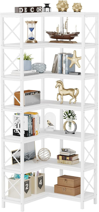 Tribesigns 7-Shelf Corner Bookshelf,Large Modern Corner Bookcase, 7-Tier Tall Corner Shelf Storage Display Rack with Metal Frame for Living Room Home Office (White)