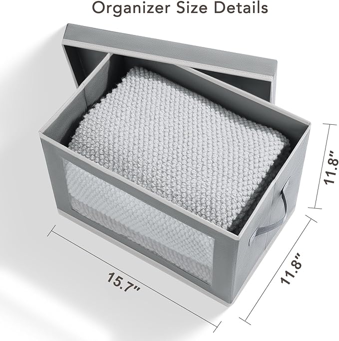 Homsorout Large Storage Baskets Bins with Lids - Stackable Cube Bins for Closet, 3 Pack Grey Windows Organizer Bins, Home Organizers and Storage for Clothes, CD, Towels