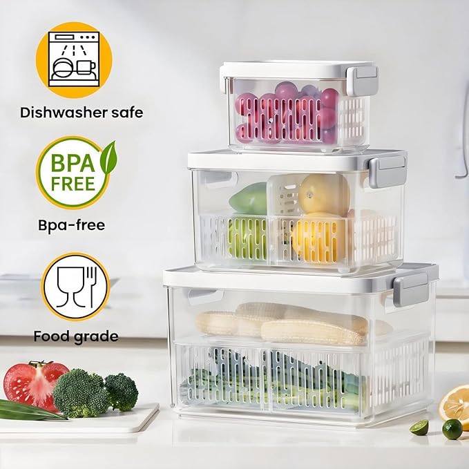 vacane 6 Pack Large Fruit Storage Containers for Fridge with Timing Knob, Produce Saver with Colanders, Lettuce Keeper Vegetable Food Fresh - Dishwasher Safe