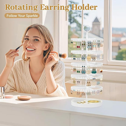 MODOWEY 5 Tier Rotating Earring Holder Organizer Display Tree with Metal Tray, Adjustable Plastic Stand with 285 Slots for Stud Hoop Hanger, Large Capacity Storage Rack for Women Space Saving, White