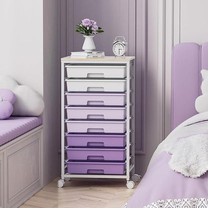 Rolling Cart with Drawers,Utility Cart With 8 Drawers and Wooden Tabletop for Living Room,Classroom,Bedroom,Bathroom,Dorm,Office,Purple