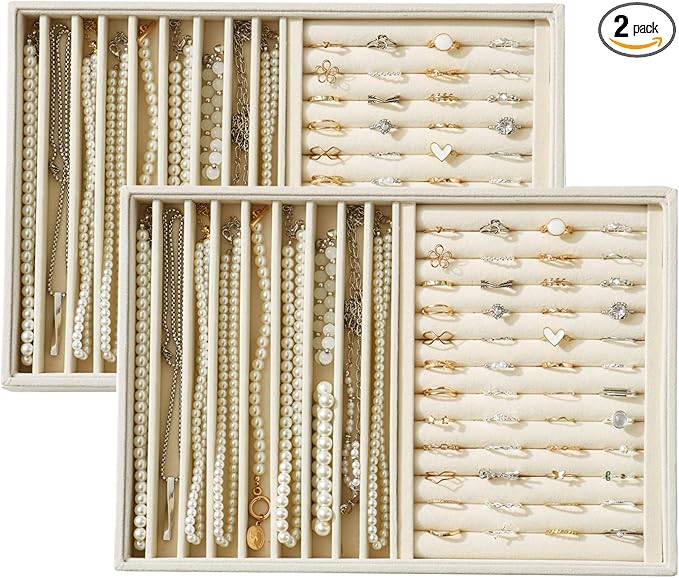 Large Velvet Jewelry Tray 2 Pack Stackable Jewelry Display Drawer Inserts Trays Organizer for Earring Bracelet Necklace Ring (Beige, Ring and 9 Grids)