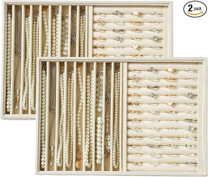 Large Velvet Jewelry Tray 2 Pack Stackable Jewelry Display Drawer Inserts Trays Organizer for Earring Bracelet Necklace Ring (Beige, Ring and 9 Grids)