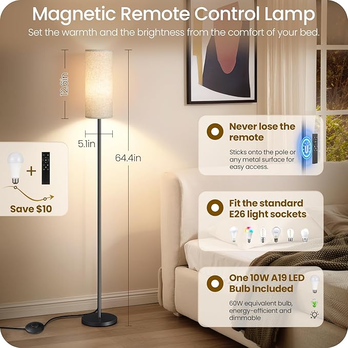 64.4” Dimmable Floor Lamp for Living Room with Remote and Foot Switch, Modern Standing Tall Lamp, Corner Floor Lamp for Bedroom, 10W 900LM LED Bulb Included, 3000K-6500K, Beige, FCC Listed E06LD05W1