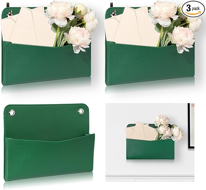 3 PCS Wall Mount PU Leather Mail Holder Green Faux Leather Letter Holder Stylish Wall Hanging Mail Storage 2 Ring Wall Mail Organizer for Flowers Envelope Key Notebooks Home Office Decor