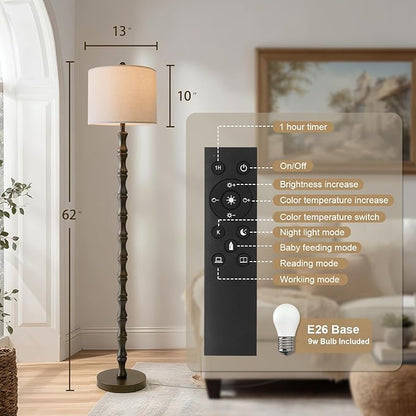 BOBOMOMO 62" Rustic Farmhouse Floor Lamp Dark Brown with Remote & Dimmable 9W Bulb, 3 Color Temperatures Resin Standing Lamp, Retro Tall Lamp for Living Room, Bedroom, Nursery, Office, Reading Nook
