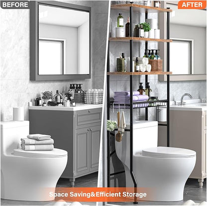 Over-The-Toilet Storage Shelves, 4-Tier Bathroom Organizer Shelf Over Toilet with Adjustable Feet Pad and Basket, Freestanding Space Saver Bathroom Storage Rack Above Toilet (Vintage Brown)