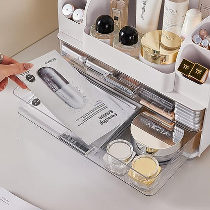 Makeup Organizer with Drawers for Vanity,Bathroom Countertop Organizer with Brushes Holder,Skincare Storage Organizer,Perfect Cosmetic Display Case for Skincare,Lipstick and Beauty Essential (White)