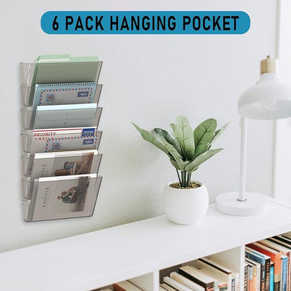 6 Pockets Acrylic Wall File Organizer, Clear Wall File Holder, Plastic Hanging Wall File Holder for Office, School and Home, Smoky