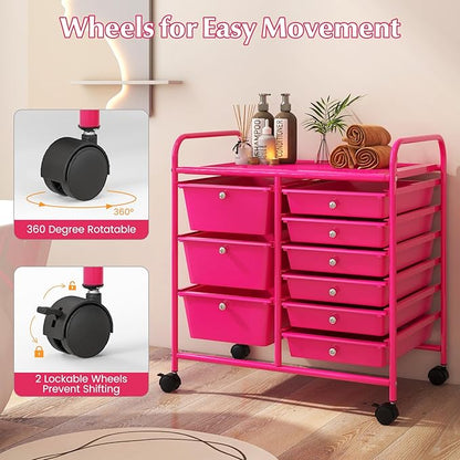 LDAILY 9 Drawer Rolling Storage Cart, Rolling Cart with Drawers for Classroom, Art Supply Craft Organizer on Wheel with Metal Frame & Handles for Home Office School