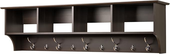Prepac 60" Contemporary Wall Mounted Coat Rack, Coat Hooks Wall Mount with 4 Shelves, Ideal for Hallway or Entryway Hanging Solution, 11.5"D x 60"W x 16.5"H, Espresso