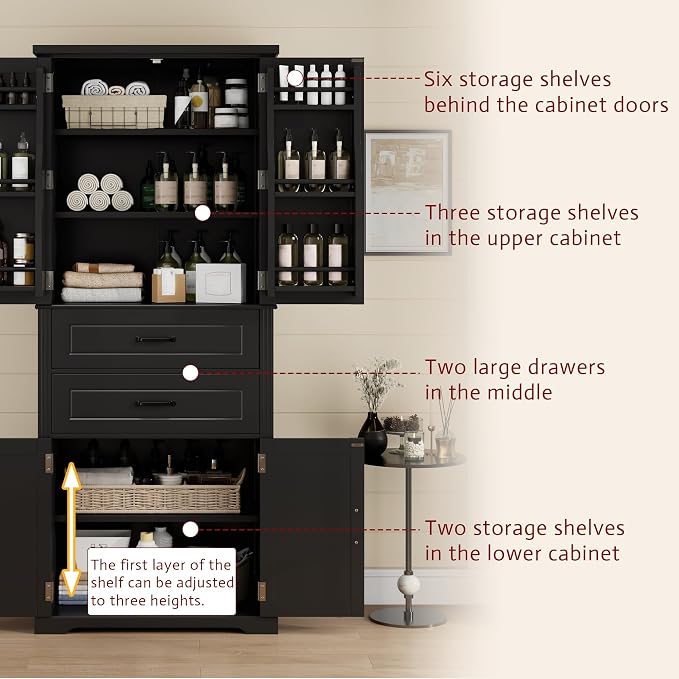 Storage Cabinet,Tall Freestanding Cabinet with Adjustable Shelf | Tall storage cabinet, 4-door design, 5+ shelves, upper door shelves, and 2 pull-out compartments for organized storage