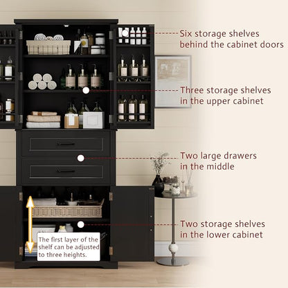 Storage Cabinet,Tall Freestanding Cabinet with Adjustable Shelf | Tall storage cabinet, 4-door design, 5+ shelves, upper door shelves, and 2 pull-out compartments for organized storage