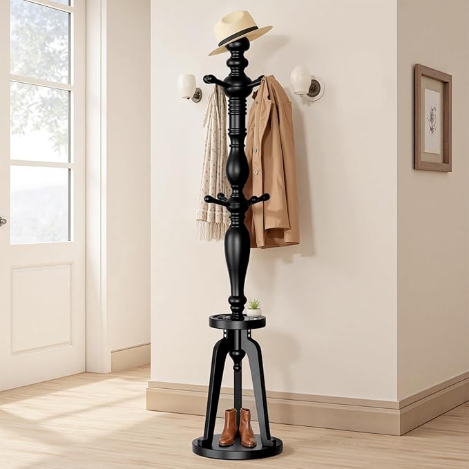 Coat Rack with 8 Hooks, Hall Tree Freestanding with Shelf, Wood Coat Tree Heavy Duty with Round Base, Standing Coat Rack, Load Capacity 220 lb, Coat Hanger Stand for Entryway Hallway Office, Black