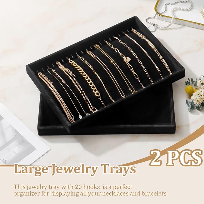 Large Velvet Jewelry Tray 2 Pack Stackable Jewelry Display Drawer Inserts Trays Organizer for Earring Bracelet Necklace Ring (Black, 20 Hooks)