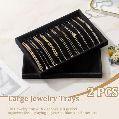 Large Velvet Jewelry Tray 2 Pack Stackable Jewelry Display Drawer Inserts Trays Organizer for Earring Bracelet Necklace Ring (Black, 20 Hooks)