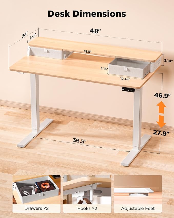 FiCiHi Standing Desk with Drawers, C-Clamp Mount Compatible, 48x24 Inch Electric Adjustable Height Computer Stand Up Desks, Home Office Sit Stand Table with 3 Preset Heights & 2 Hooks, Natural