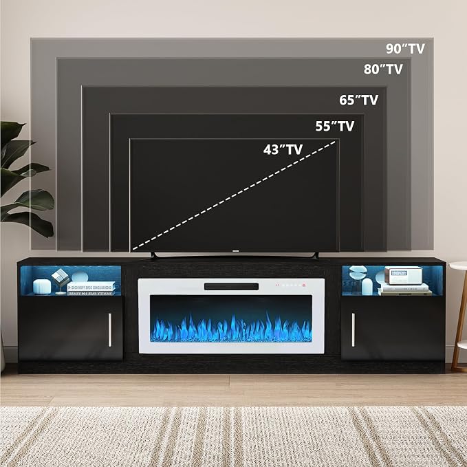 VITESSE TV Stand Fireplace with 36" inch Electric Fireplace Up to 90" TVs, LED Light Entertainment Center, 80" Modern Wood High Gloss with Highlight Storage Cabinet for Living Room (Black)