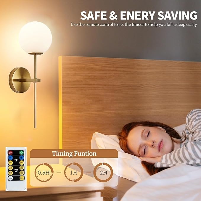 KEFA Gold Battery Operated Wall Sconces Set of 2, Modern Remote Wall Lamp Globe Glass Shade,Not Hardwired Rechargeable Wall Lights Fixture with Timer and Dimmable for Bedroom Living Room Bathroom