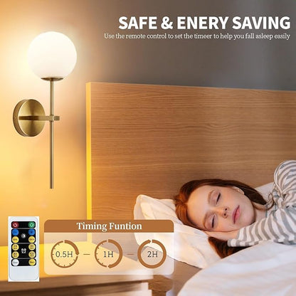 KEFA Gold Battery Operated Wall Sconces Set of 2, Modern Remote Wall Lamp Globe Glass Shade,Not Hardwired Rechargeable Wall Lights Fixture with Timer and Dimmable for Bedroom Living Room Bathroom