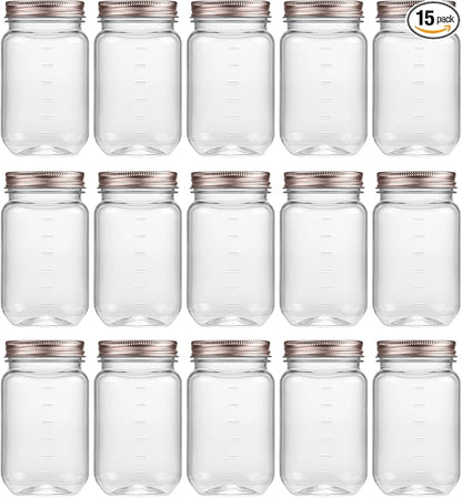 novelinks 16 oz Clear Plastic Jars with Lids, Refillable 16oz Mason Jars with Lids & Storage Containers for Kitchen & Household Use (15 Pack,Rose Gold)