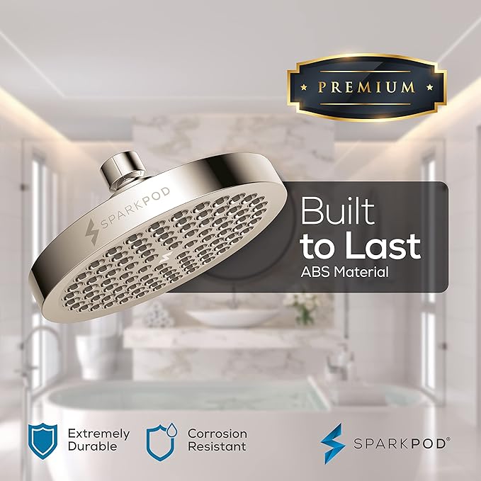 SparkPod Round Rain Shower Head with Shower Head Extension Arm - High Pressure Rain - Luxury Modern Look - No Hassle Tool-less 1-Min Installation (16" Shower Arm Extension, Brushed Nickel Finish)