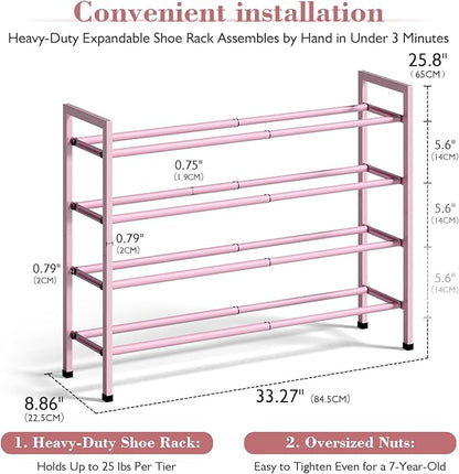 Bumusty 4-Tier Expandable Shoe Rack for Closet, 18“-33” Adjustable Shoe Rack for Small Space, Small Shoe Organizer for Front Door, Sturdy Metal, Pink
