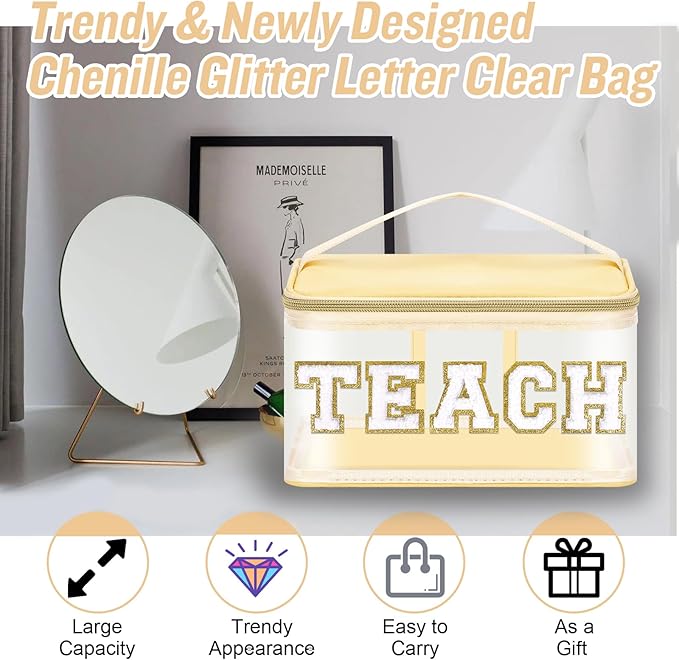 Teacher Appreciation Gifts Chenille Letter Clear Makeup Bag TEACH Pouch, Preppy Patch Makeup Bag Zipper with Handle Nylon Travel Cosmetic Bag Graduation Retirement Teacher Gifts for Women(TEACH-Beige)