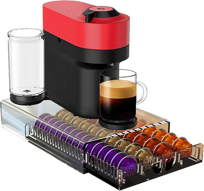 Coffee Pod Drawer Organizer for Nespresso Vertuo Pods,Acrylic Coffee Pod Holder Holds 40 Large or 60 Small Capsules or 28 K-Cups,Pull-Out Drawer with Anti-Slip Base for Home & Office,Matte Black
