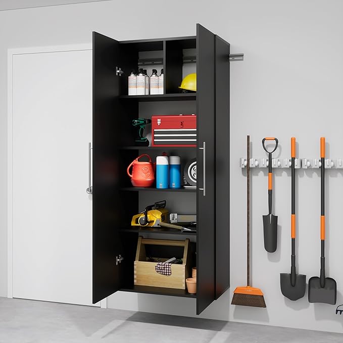 Prepac HangUps 30" Large Garage Cabinet, Bathroom Cabinet Wall Mount, Ideal for Garage, Kitchen and Laundry Organization 30" W x 72" H x 16" D, Black