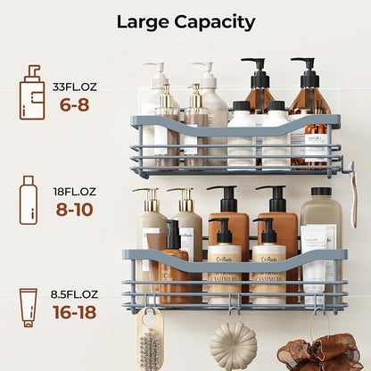 Orimade Shower Caddy Basket Shelf Storage Rack, No Drilling Wall Mounted Adhesive Rust Resistant Stainless Steel Shower Organizer with 5 Hooks for Bathroom, Light Blue Grey 2 Pack