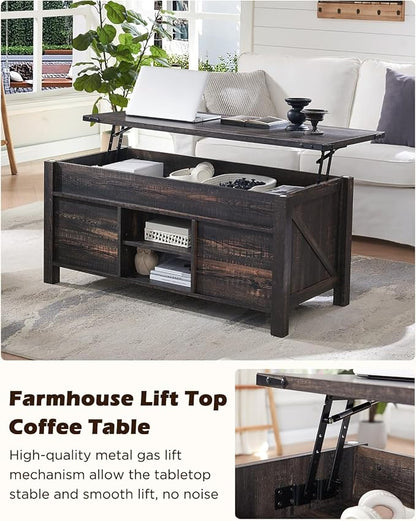 OKD 48" Farmhouse Lift Top Coffee Table with Sliding Barn Door,Rustic Center Table with Hidden Storage Compartment,Lifting Tabletop and Adjustable Shelf for Living Room,Office,Dark Rustic Oak