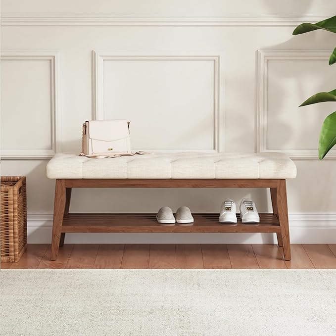LEILISI Entryway Shoe Bench with Storage, End of Bed Bench, Linen Upholstered Button-Tufted Seat Bench with Solid Wood Frame for Living Room, Bedroom (Beige, 39.4'')