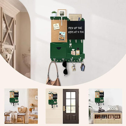 Key Holder Wall Mount， Mail Organizer Key Holder for Wall with Shelf, Drawer, Chalkboard, Corkboard, Home Decor Wall Mounted for Room Entryway (Green)