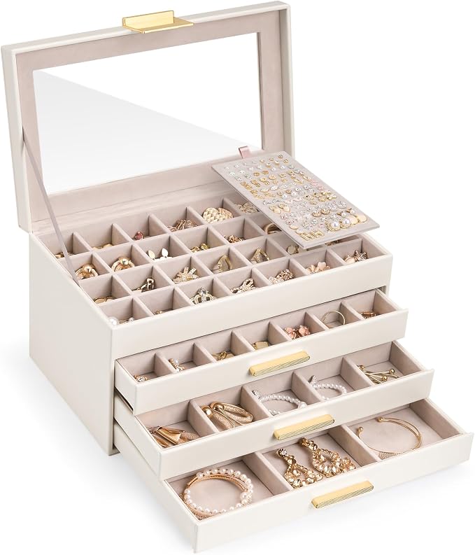 Lolalet Earring Storage Box Case with Glass Top, Large Earring Jewelry Holder Organizer Display with Drawer and Grid, Gift for Girls Women -4 Tiers, Cloud White
