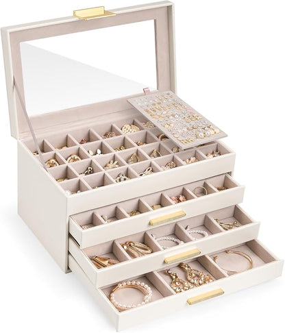 Lolalet Earring Storage Box Case with Glass Top, Large Earring Jewelry Holder Organizer Display with Drawer and Grid, Gift for Girls Women -4 Tiers, Cloud White