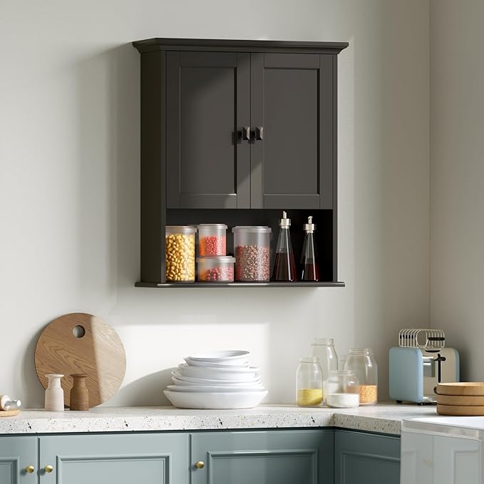 Bathroom Wall Cabinet, Over The Toilet Storage Cabinet Wall Mounted Medicine Cabinet with Build-in Spirit Level Cupboard Adjustable Shelves for Bathroom Laundry Room Kitchen, Espresso