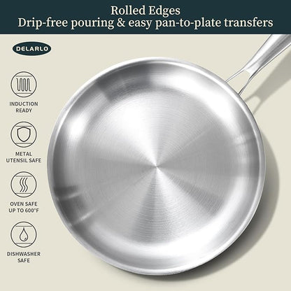 DELARLO Tri-ply Stainless Steel Frying Pan Set with Lid 8" 10" Induction large Skillets Chef's Pan,Pots and Pans Set Kitchen Cookware Set Suitable for All Stove