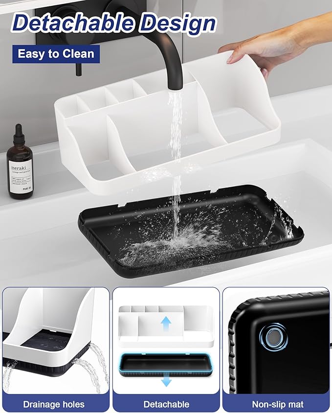Bathroom Counter Organizer and Storage, 7 Slots Detachable Toothbrush Holders for Bathrooms, Anti-Slip Electric Toothbrush and Toothpaste Holder Countertop Vanity Organizer Accessories for Adults Kids