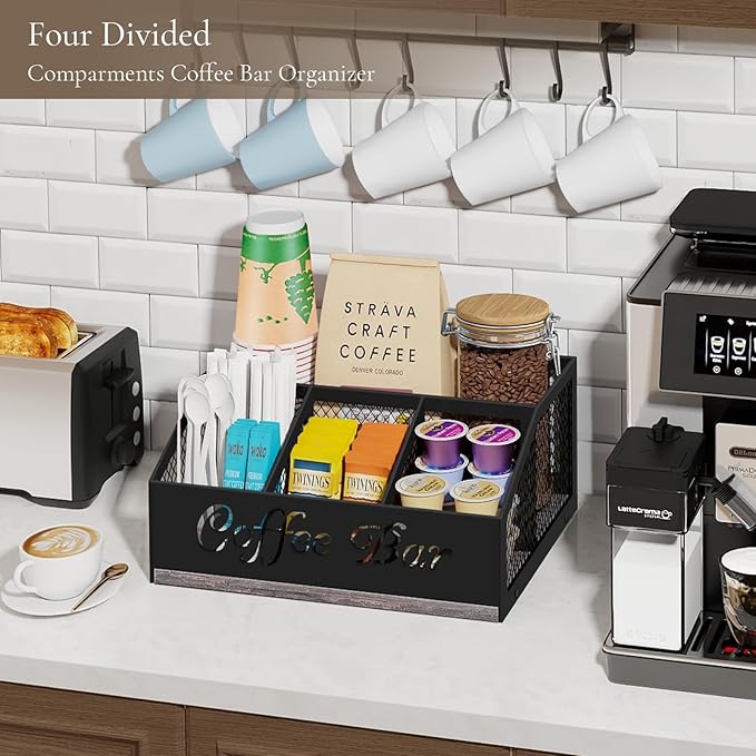 Coffee Bar Organizer for Countertop, Wooden Counter Station Organizer with Metal Mesh Basket, Coffee Bar Accessories Decor for Pods Condiment Syrup Tea Sugar, Gray