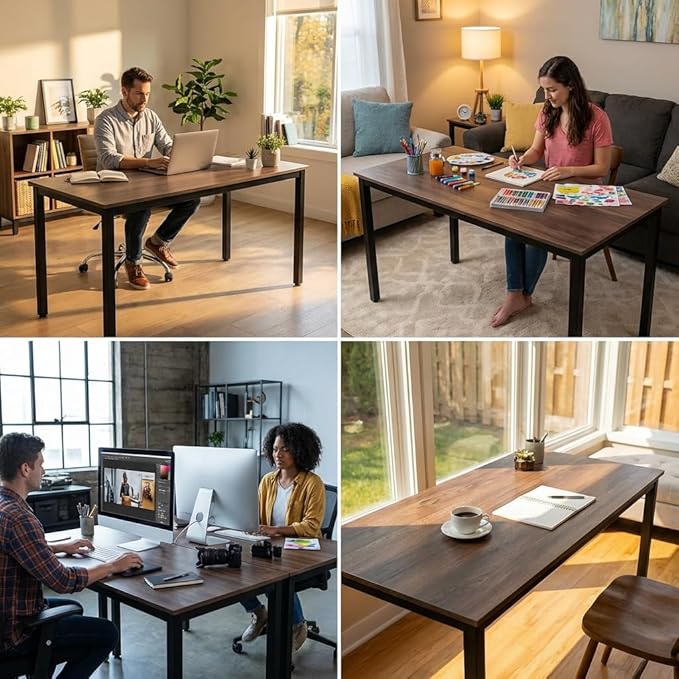 47 inch Large Computer Desk Wood, Modern Simple Style Desk for Home Office, Bedroom, Study Student Writing Desk, Small Spaces, Black Metal Frame, Walnut Top