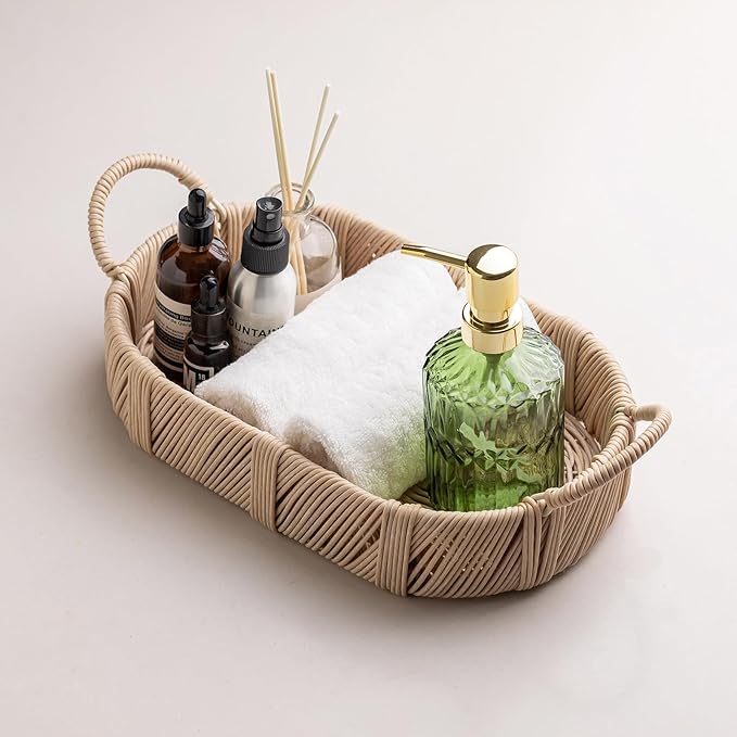 Hand-Woven Rattan-Style Storage Basket with Handles, Beige Oval Organizer Tray for Bathroom Kitchen Living Room | Fruit, Snack, Cosmetic & Toiletries Organizer | Decorative Multi-Purpose Basket