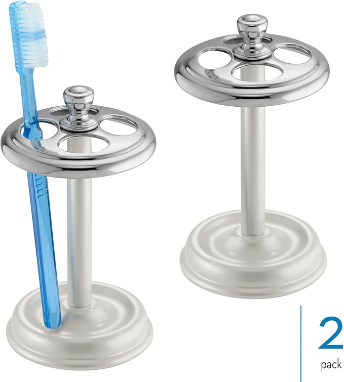 iDesign Toothbrush Holder for Bathroom - 4-Section Toothbrush Stand for Countertop, 2-Pack, White/Chrome