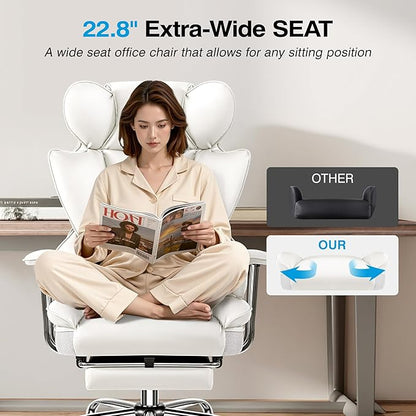 Office Chair Comfy, Big and Tall Executive Leather Chair, High Back Ergonomic Wide Chair with Footrest, Reclining Computer Desk Chair, Heavy Duty Gaming Chair with Padded Arm and Pillow, White