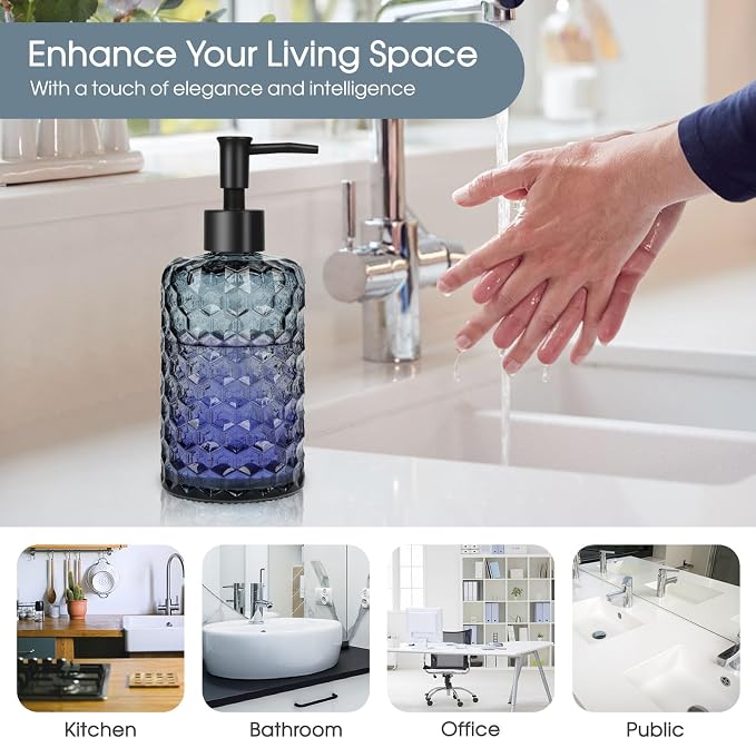 Topsky Glass Soap Dispenser with Plastic Pump, 475ml Liquid Hand Soap Dispenser, Rustproof Pump for Kitchen & Bathroom, Great for Lotions, Essential Oil, Liquid Soaps (Grayish Blue)