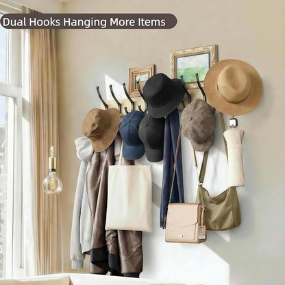 Optish 2 Pack Wooden Coat Rack Wall Mount, 16.1" Rustic Coat Hanger Hooks with 10 Double Hooks, Wall Coat Rack for Hat, Clothes, Bags, Jacket, Natural Wood