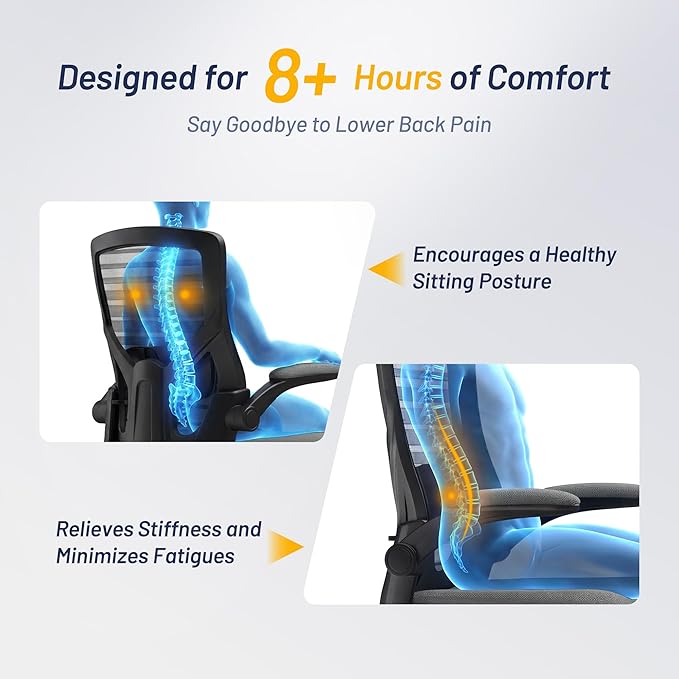 Office Desk Chair for Long Hours & Lower Back Pain Relief – 4“ Thick Molded Foam Cushion, Enhanced Lumbar Support, Padded Flip-up Armrests, New Year Workspace Upgrade, Dark Gray