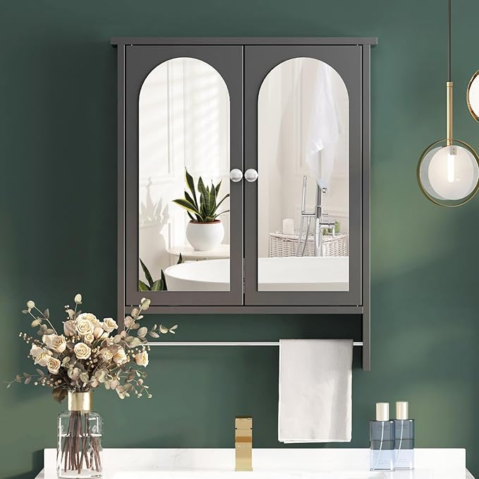 Bathroom Medicine Cabinet Mirror,Arched Bathroom Cabinet with Mirror,Surface Mount Medicine Cabinet Wall Mounted,Mirrored Medicine Cabinets with Towel Bar,Black Wall Cabinet 22x28