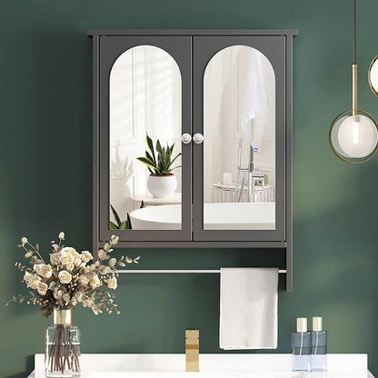 Bathroom Medicine Cabinet Mirror,Arched Bathroom Cabinet with Mirror,Surface Mount Medicine Cabinet Wall Mounted,Mirrored Medicine Cabinets with Towel Bar,Black Wall Cabinet 22x28